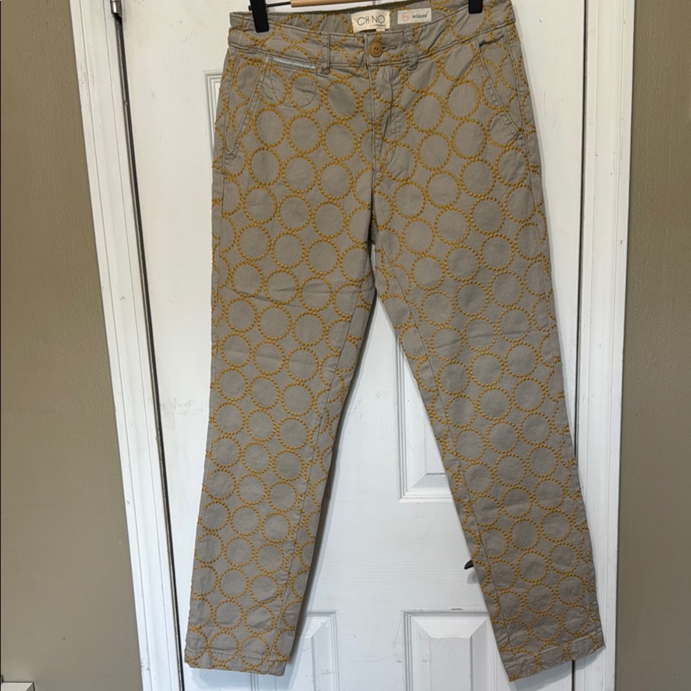 Anthropologie Gray Straight-Leg Pants with Mustard Circle Print